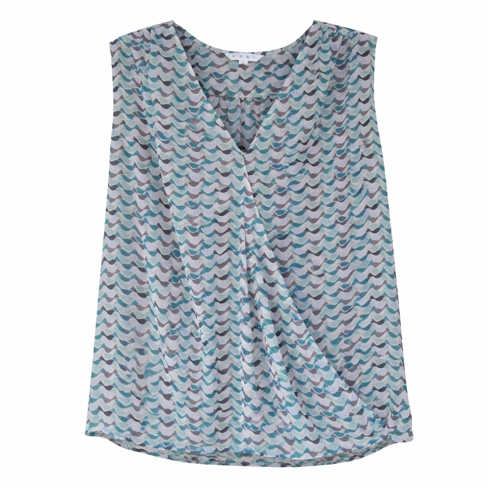 Cabi Bird Print Sheer Wrap Blouse L Blue Green Flowy Boho Chic Top - Picture 1 of 14
